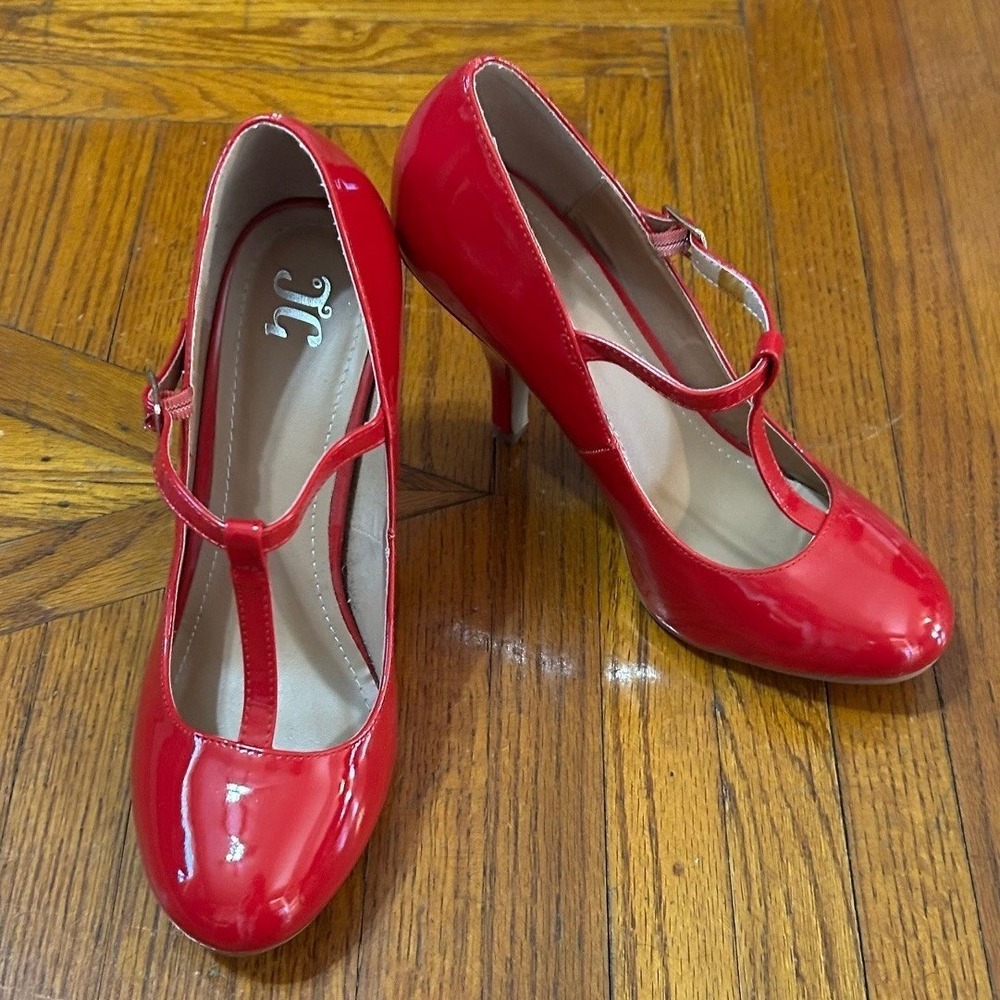 Red Patent Leather Mary Jane Pumps Round Toe 4" Heels T Strap Pinup Rockabilly